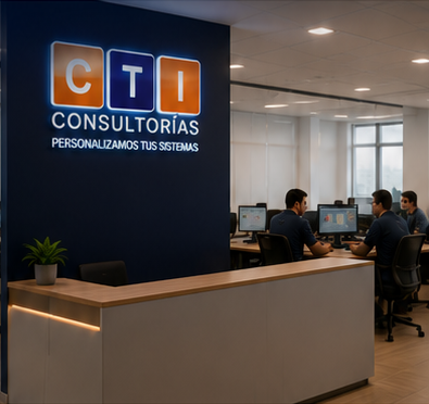 Recepción corporativa de CTI Consultorías con equipo trabajando