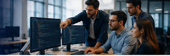 Equipo de desarrollo revisando código en monitores dentro de una oficina corporativa