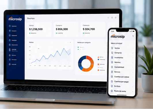 Dashboard Microsip en laptop y aplicación móvil